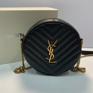 Yves Saint Laurent Black Round Quilted Camera Bag with Gold YSL Accent